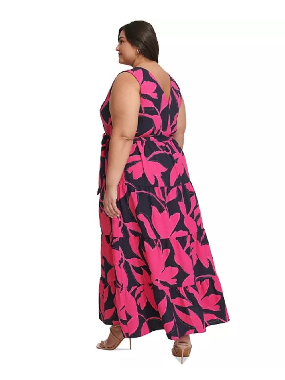 NWT DKNY $134 Pink Navy Floral Sleeveless Belted Maxi Dress Size 10 Wrap V-Neck - Picture 2 of 10